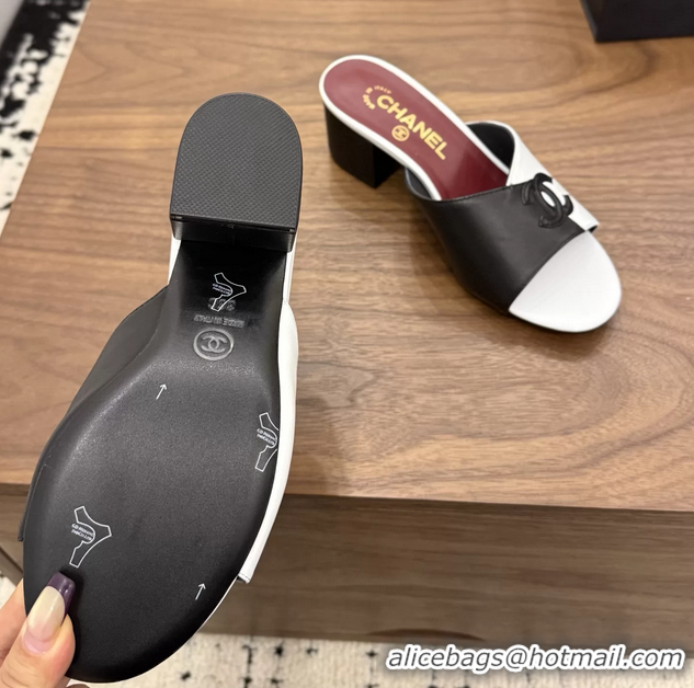 Unique Style Chanel CC Logo Black White Leather Heeled Slides Sandals 6051803
