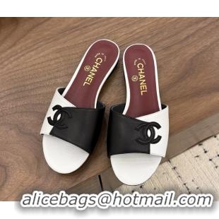 Discount Fashion Chanel CC Logo Black White Leather Flat Slides Sandals 6051804