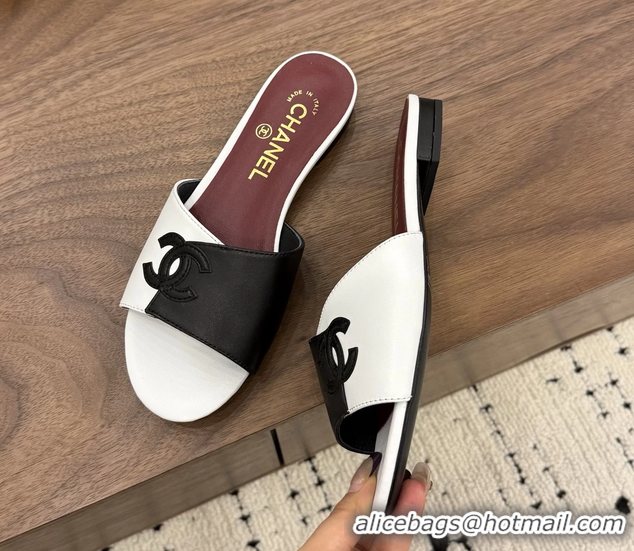 Discount Fashion Chanel CC Logo Black White Leather Flat Slides Sandals 6051804