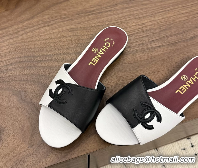Discount Fashion Chanel CC Logo Black White Leather Flat Slides Sandals 6051804