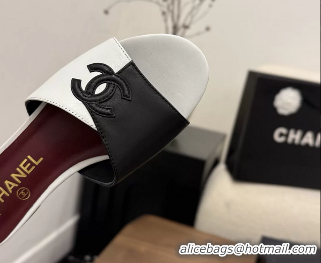 Discount Fashion Chanel CC Logo Black White Leather Flat Slides Sandals 6051804