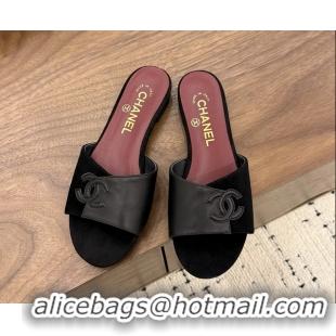Grade Quality Chanel CC Logo Black Suede Leather Flat Slides Sandals 6051806