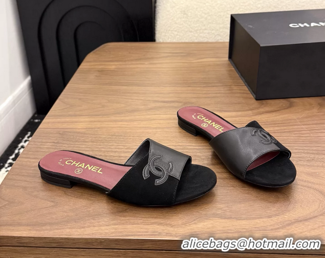 Grade Quality Chanel CC Logo Black Suede Leather Flat Slides Sandals 6051806