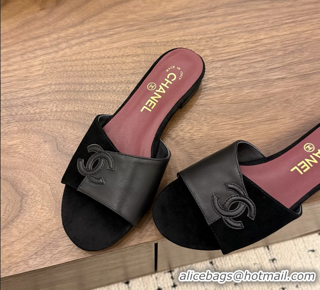 Grade Quality Chanel CC Logo Black Suede Leather Flat Slides Sandals 6051806