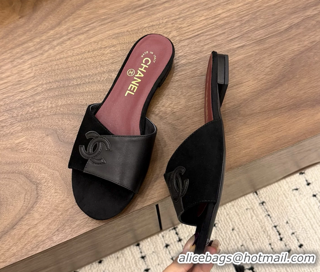 Grade Quality Chanel CC Logo Black Suede Leather Flat Slides Sandals 6051806