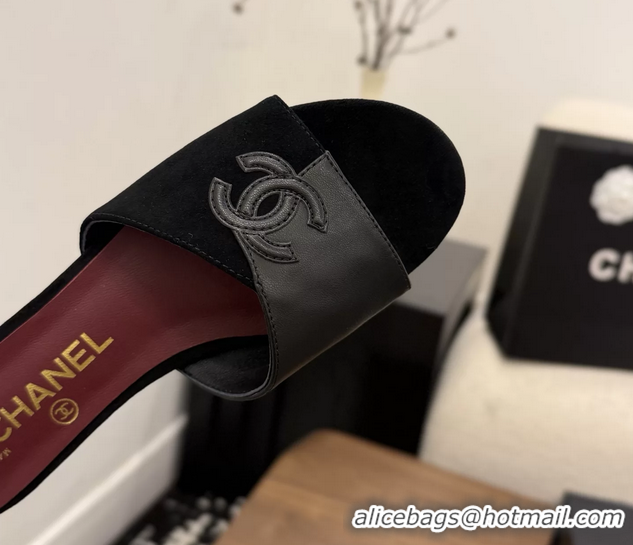 Grade Quality Chanel CC Logo Black Suede Leather Flat Slides Sandals 6051806