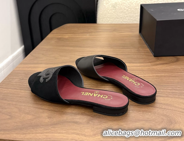 Grade Quality Chanel CC Logo Black Suede Leather Flat Slides Sandals 6051806