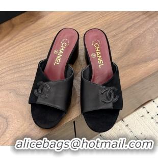 Classic Chanel CC Logo Black Leather Heeled Slides Sandals 6051806