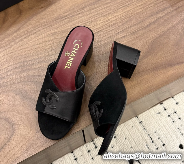 Classic Chanel CC Logo Black Leather Heeled Slides Sandals 6051806