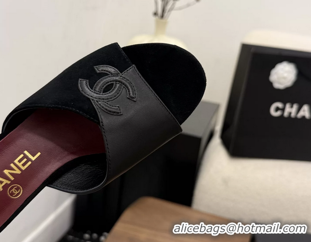 Classic Chanel CC Logo Black Leather Heeled Slides Sandals 6051806