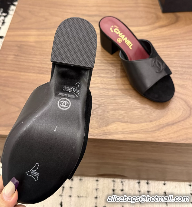 Classic Chanel CC Logo Black Leather Heeled Slides Sandals 6051806