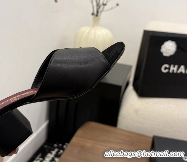 Classic Chanel CC Logo Black Leather Heeled Slides Sandals 6051806