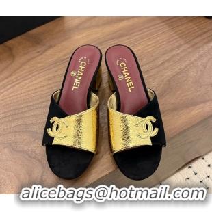 Purchase Chanel CC Logo Black Gold Leather Heeled Slides Sandals 6051806
