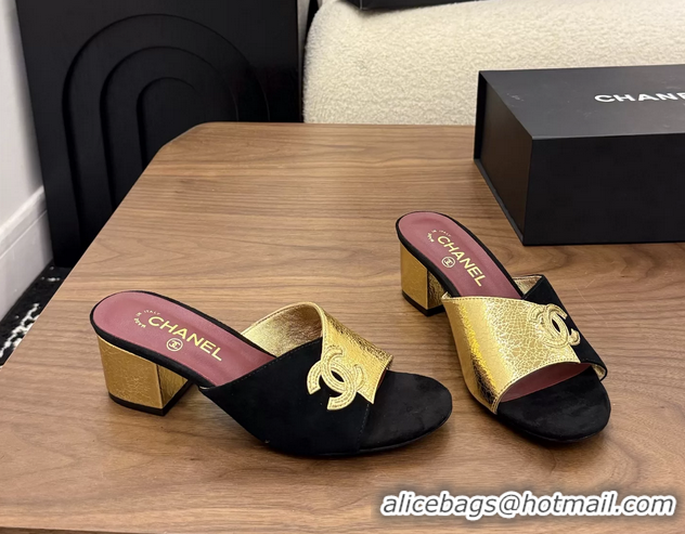 Purchase Chanel CC Logo Black Gold Leather Heeled Slides Sandals 6051806