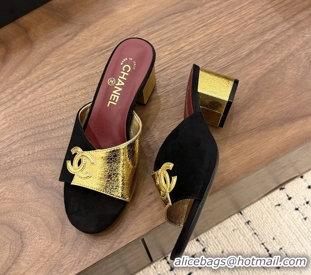 Purchase Chanel CC Logo Black Gold Leather Heeled Slides Sandals 6051806