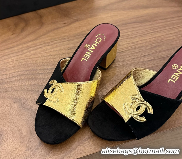 Purchase Chanel CC Logo Black Gold Leather Heeled Slides Sandals 6051806