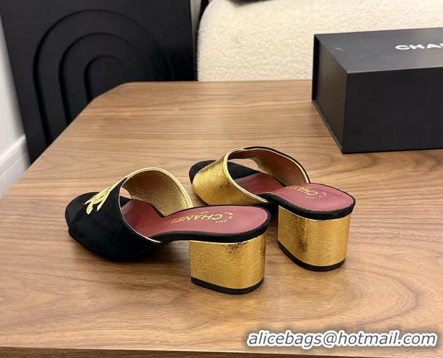 Purchase Chanel CC Logo Black Gold Leather Heeled Slides Sandals 6051806