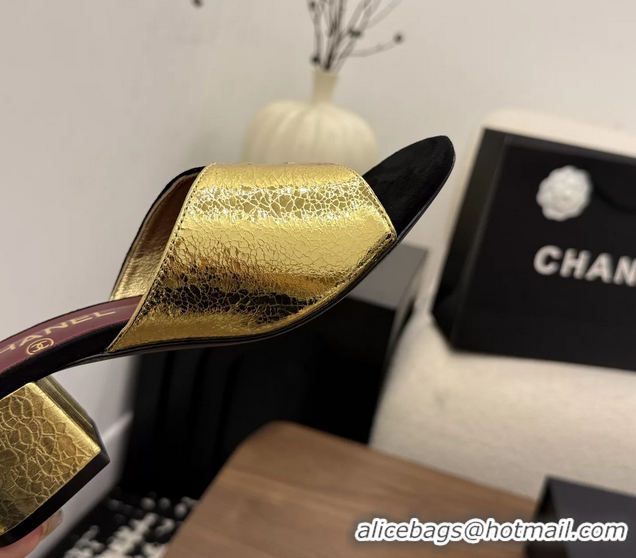 Purchase Chanel CC Logo Black Gold Leather Heeled Slides Sandals 6051806
