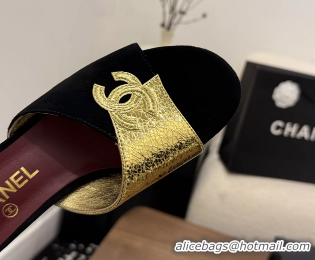 Purchase Chanel CC Logo Black Gold Leather Heeled Slides Sandals 6051806