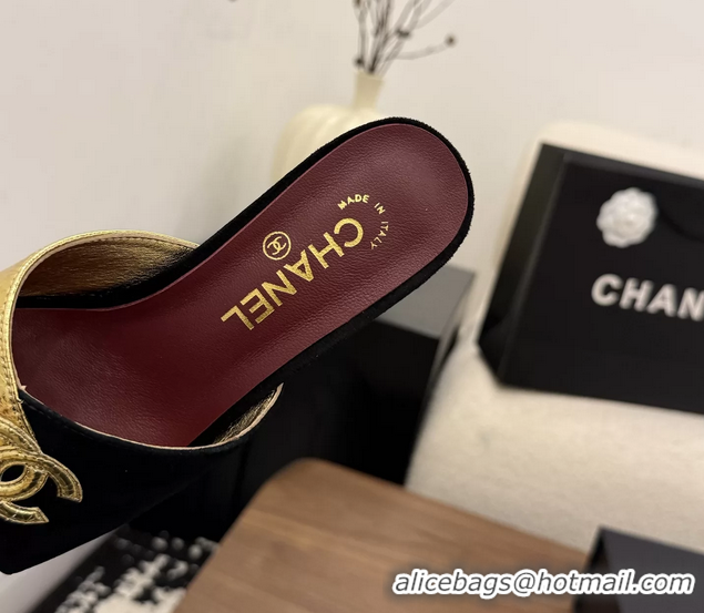 Purchase Chanel CC Logo Black Gold Leather Heeled Slides Sandals 6051806