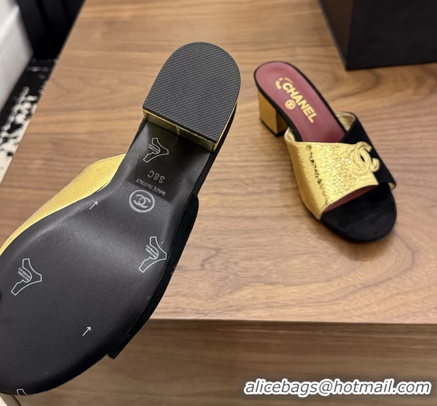 Purchase Chanel CC Logo Black Gold Leather Heeled Slides Sandals 6051806