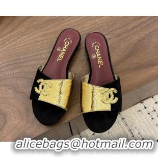Fashion Chanel CC Logo Black Gold Leather Flat Slides Sandals 6051806