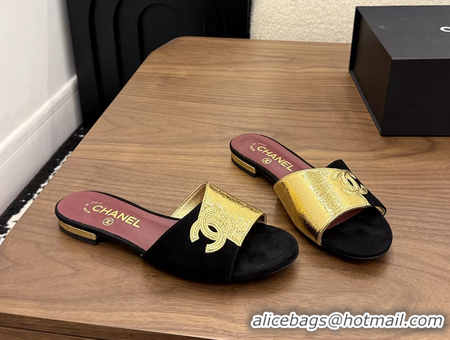 Fashion Chanel CC Logo Black Gold Leather Flat Slides Sandals 6051806