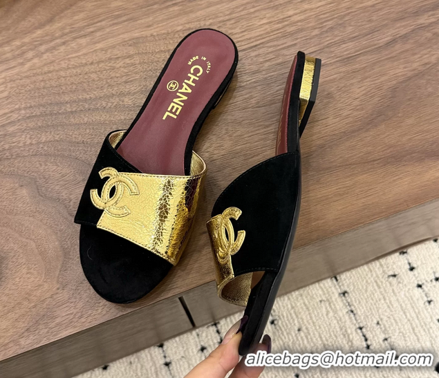 Fashion Chanel CC Logo Black Gold Leather Flat Slides Sandals 6051806