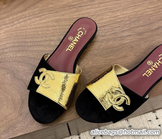 Fashion Chanel CC Logo Black Gold Leather Flat Slides Sandals 6051806