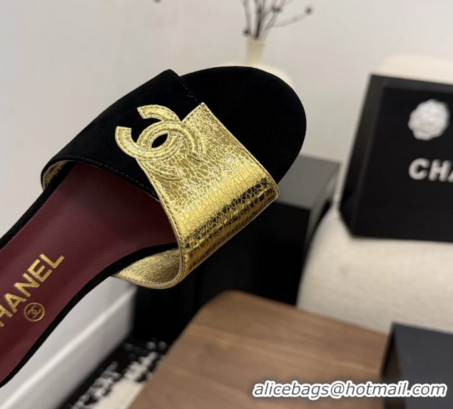Fashion Chanel CC Logo Black Gold Leather Flat Slides Sandals 6051806