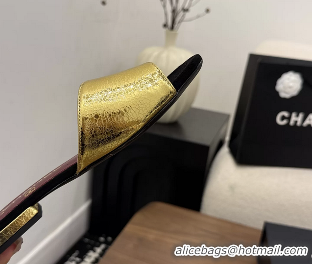 Fashion Chanel CC Logo Black Gold Leather Flat Slides Sandals 6051806