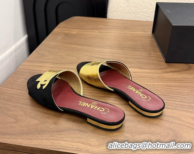 Fashion Chanel CC Logo Black Gold Leather Flat Slides Sandals 6051806