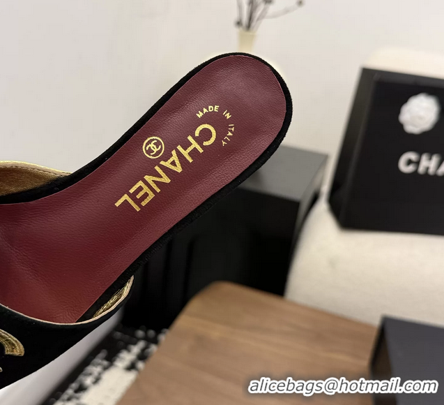 Fashion Chanel CC Logo Black Gold Leather Flat Slides Sandals 6051806