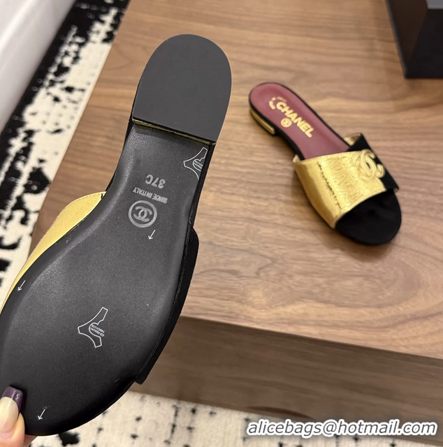 Fashion Chanel CC Logo Black Gold Leather Flat Slides Sandals 6051806
