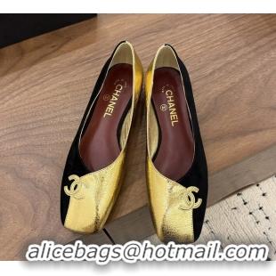 Shop Duplicate Chanel CC Logo Black Gold Leather Ballet Flats 6051806