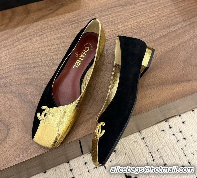Shop Duplicate Chanel CC Logo Black Gold Leather Ballet Flats 6051806