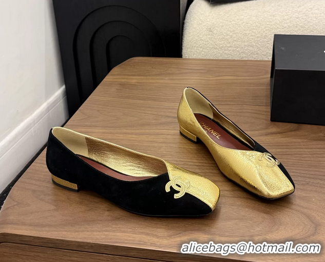 Shop Duplicate Chanel CC Logo Black Gold Leather Ballet Flats 6051806