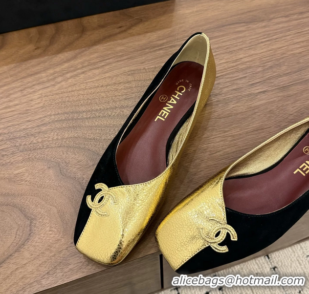 Shop Duplicate Chanel CC Logo Black Gold Leather Ballet Flats 6051806