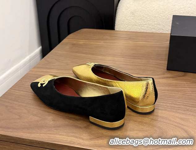 Shop Duplicate Chanel CC Logo Black Gold Leather Ballet Flats 6051806