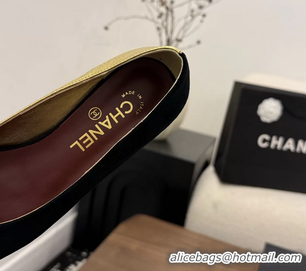 Shop Duplicate Chanel CC Logo Black Gold Leather Ballet Flats 6051806