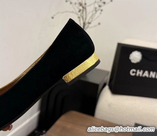 Shop Duplicate Chanel CC Logo Black Gold Leather Ballet Flats 6051806