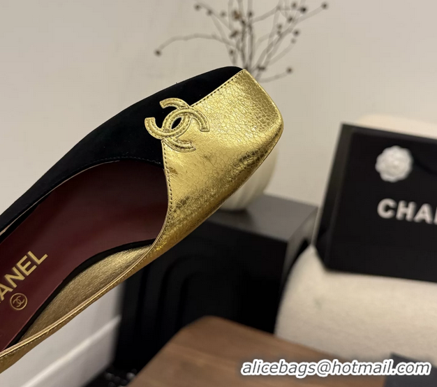 Shop Duplicate Chanel CC Logo Black Gold Leather Ballet Flats 6051806