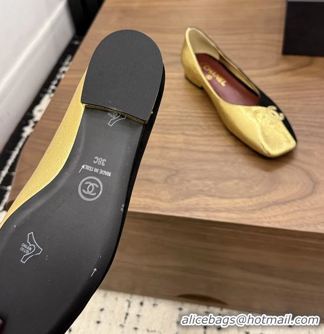 Shop Duplicate Chanel CC Logo Black Gold Leather Ballet Flats 6051806