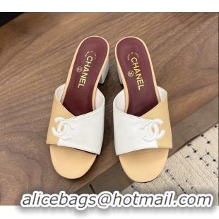 Modern Chanel CC Logo Beige White Leather Heeled Slides Sandals 6051807