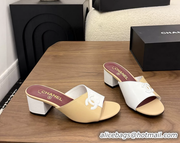 Modern Chanel CC Logo Beige White Leather Heeled Slides Sandals 6051807