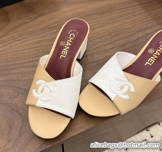 Modern Chanel CC Logo Beige White Leather Heeled Slides Sandals 6051807