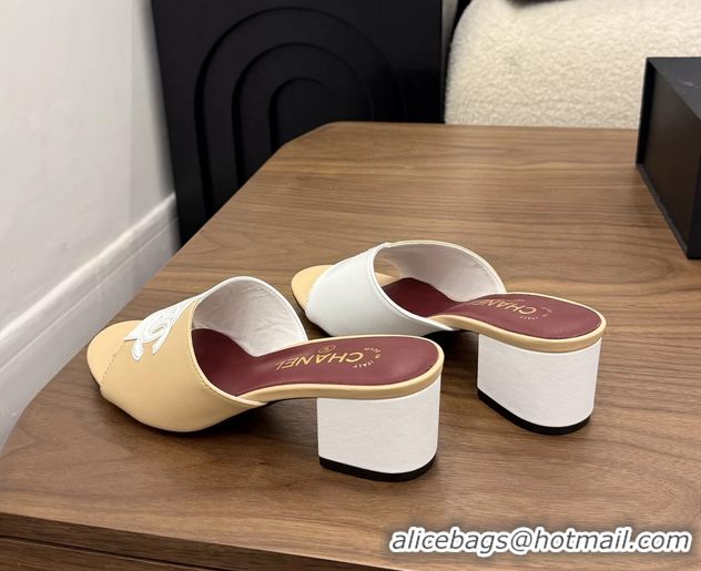 Modern Chanel CC Logo Beige White Leather Heeled Slides Sandals 6051807