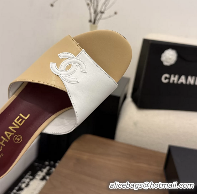 Modern Chanel CC Logo Beige White Leather Heeled Slides Sandals 6051807