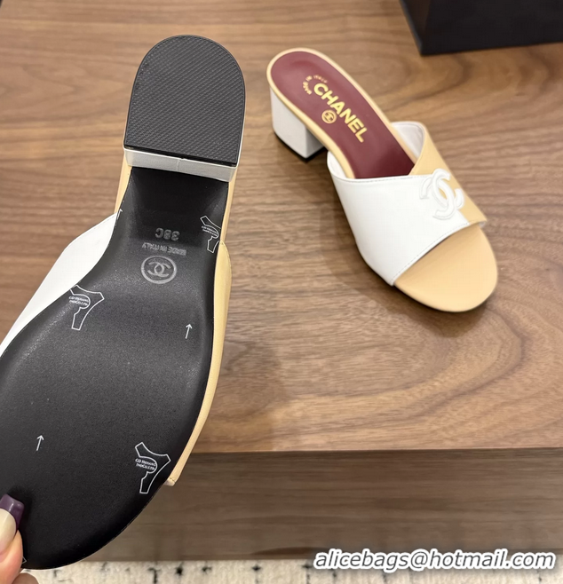 Modern Chanel CC Logo Beige White Leather Heeled Slides Sandals 6051807