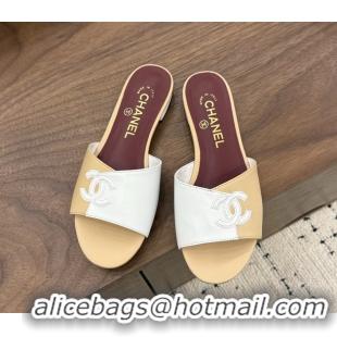 Buy New Cheap Chanel CC Logo Beige White Leather Flat Slides Sandals 6051807
